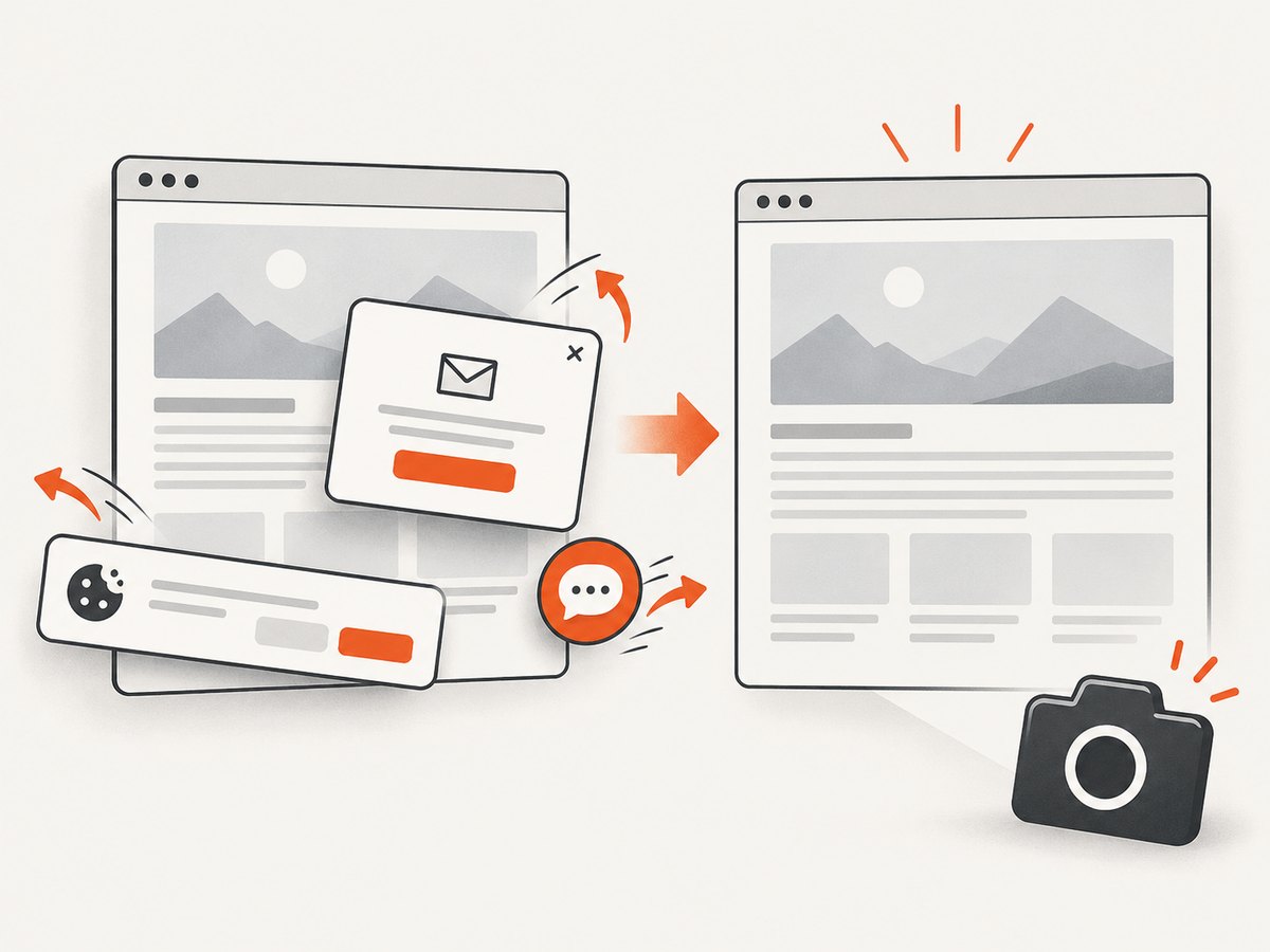 Automated capture can clear consent banners, popups, and chat widgets before rendering the final page.