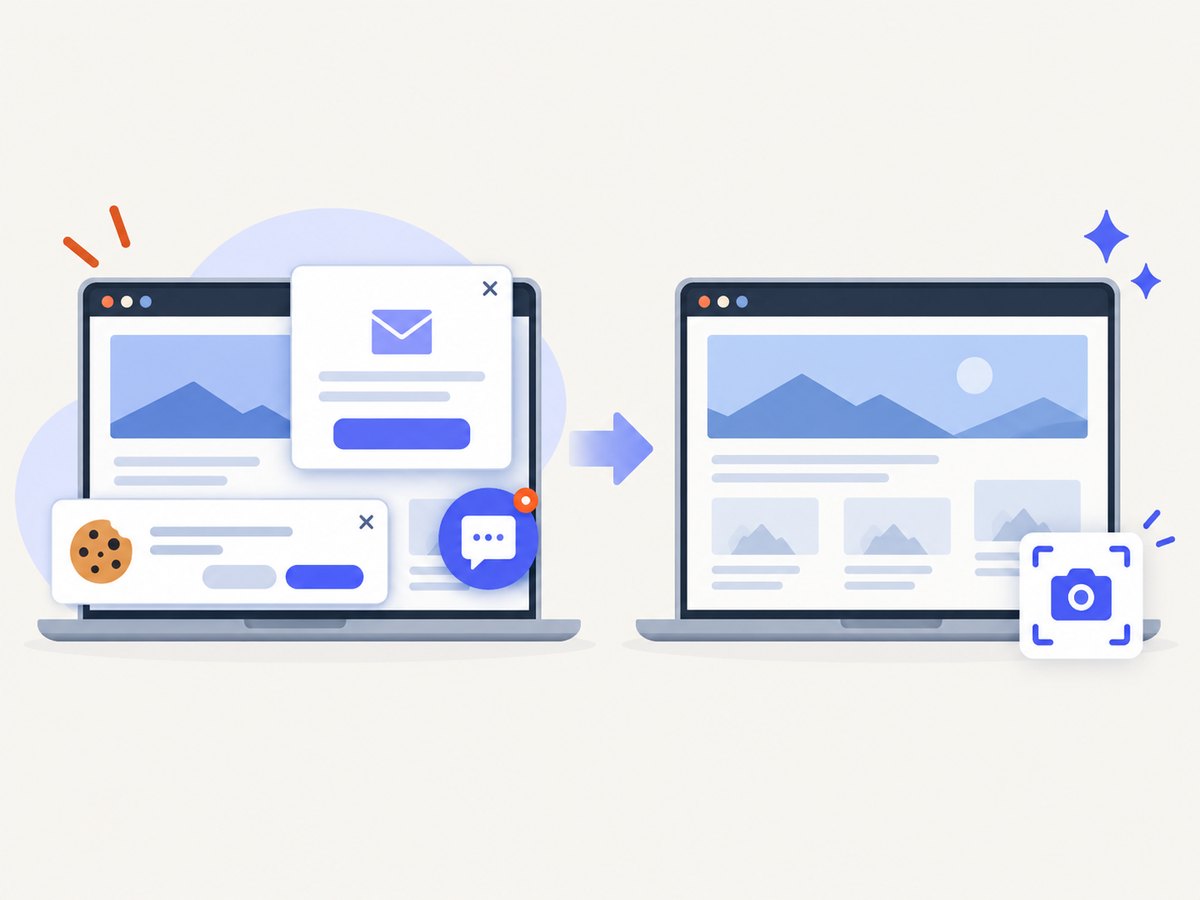 ScreenshotNeo removes common consent banners, popups and chat widgets before capture.