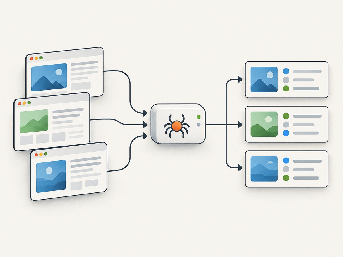 A scraper requests pages, parses the responses, and emits structured records.