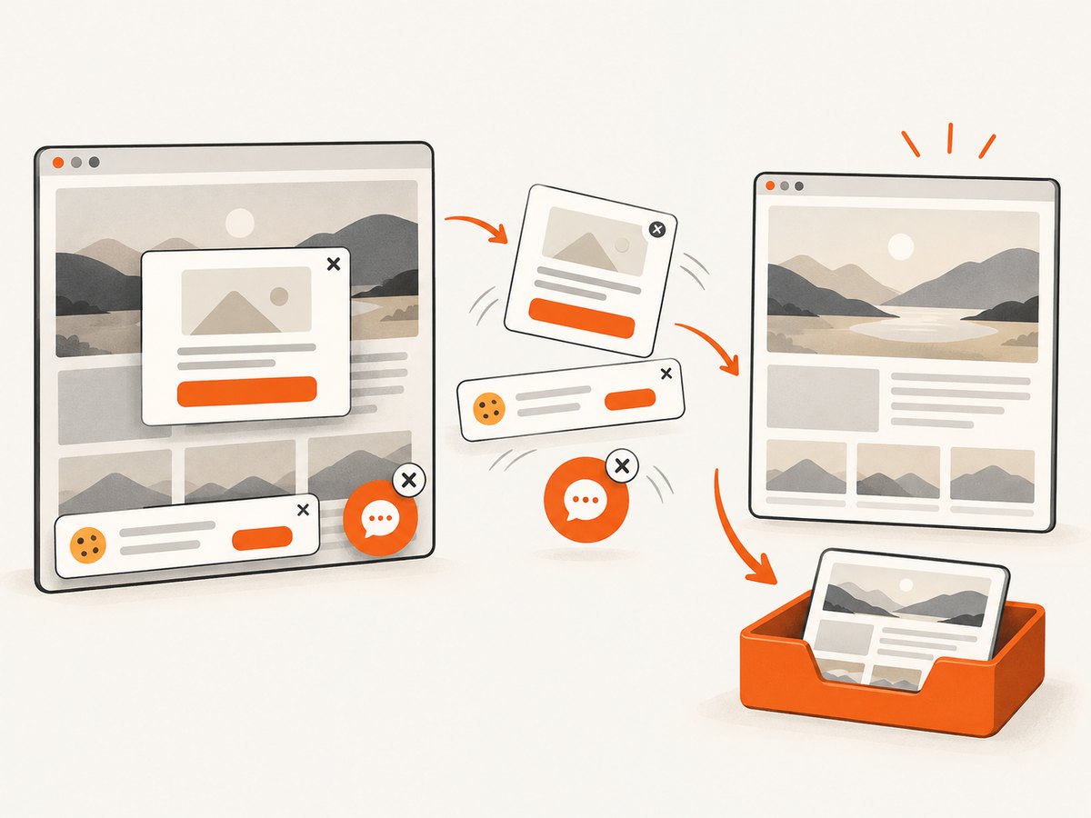 Browser cleanup can remove consent banners, popups, and chat widgets before a visual capture.