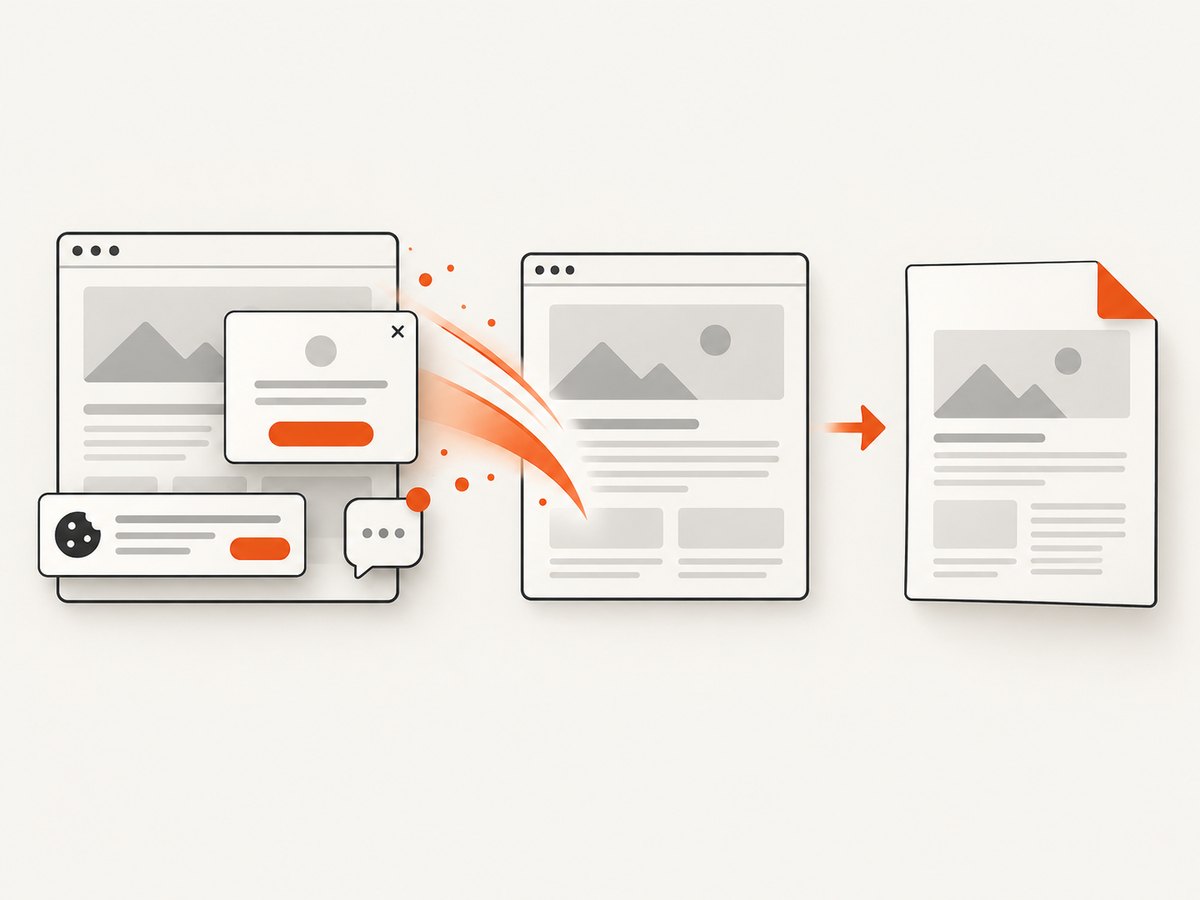 A cleanup step can remove consent and overlay elements before the PDF is captured.