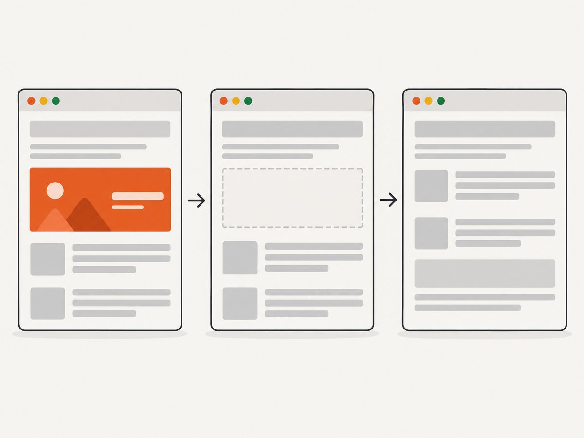 Blocked ad content can disappear while its reserved space remains, or the slot can collapse depending on the page layout.