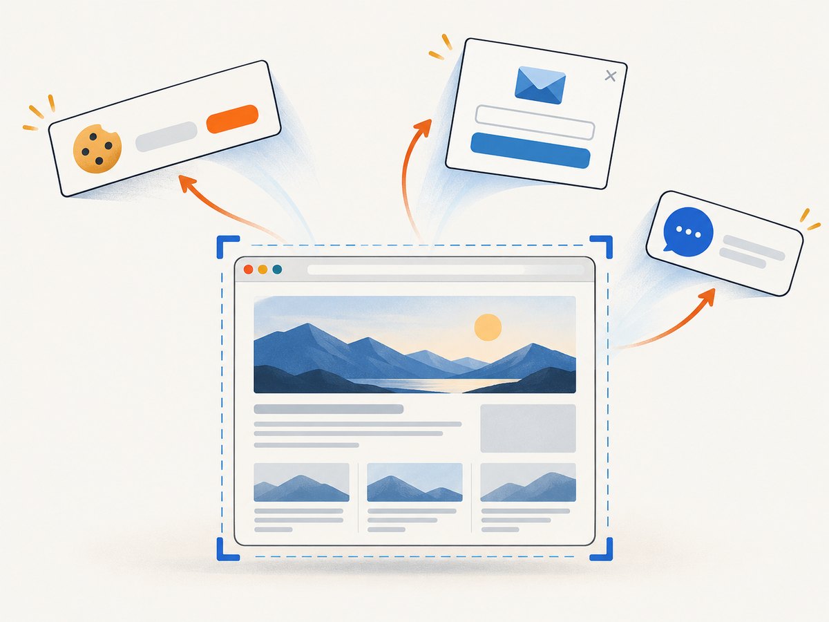 Screenshot cleanup removes common overlays before the page image is captured.