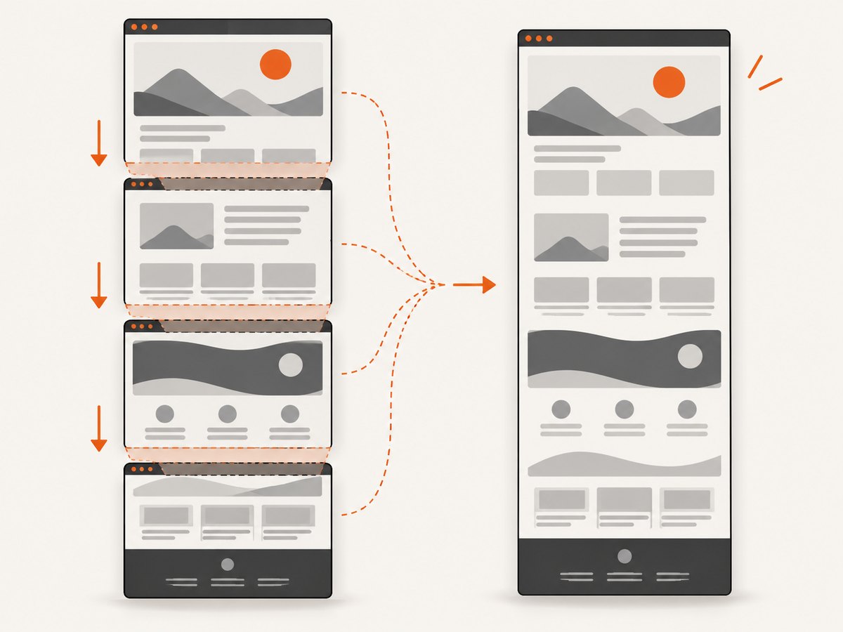 Full-page screenshots require controlled scrolling, multiple captures, and stitching.