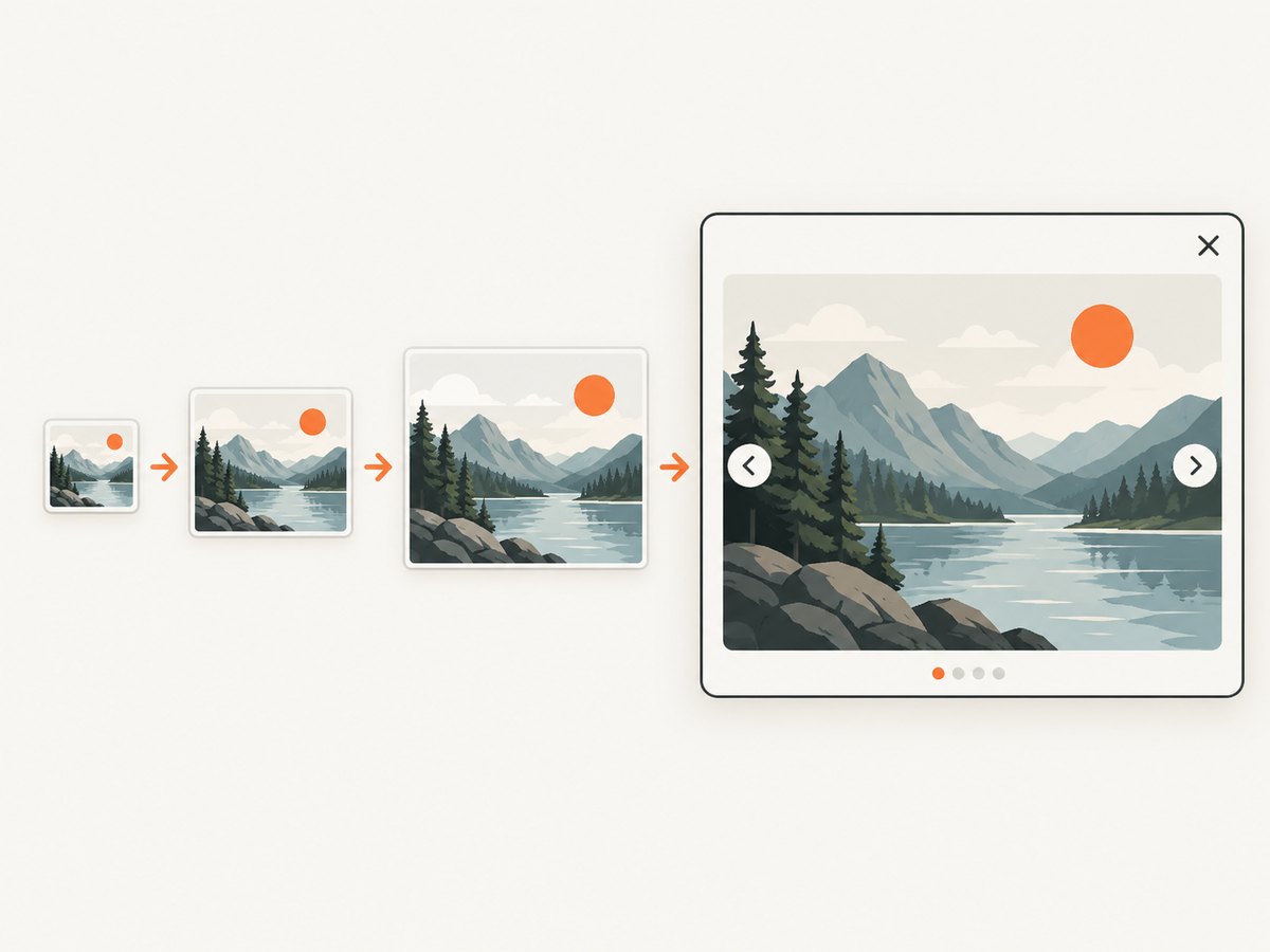 Responsive image sources let the browser choose an appropriate resource before the viewer opens.