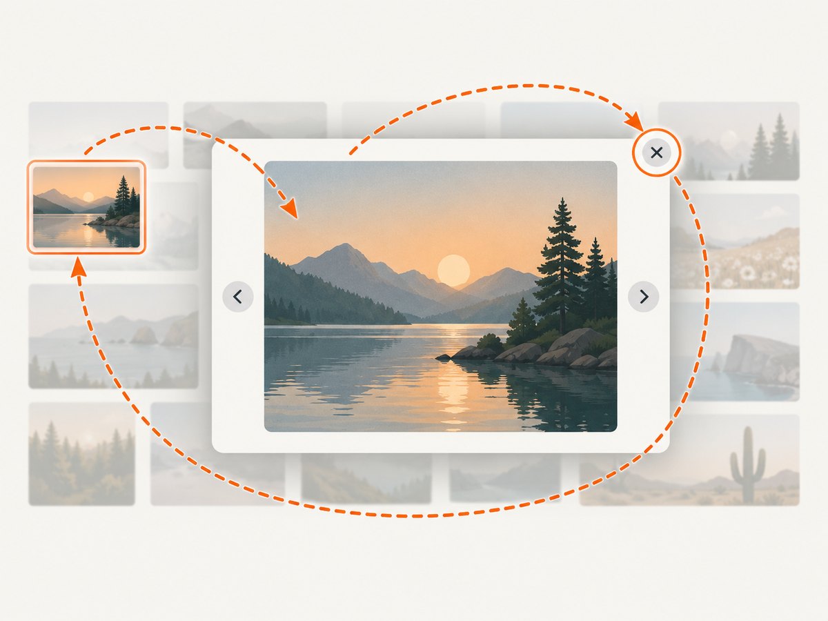 A native dialog keeps keyboard focus inside the modal and returns it to the invoking thumbnail.