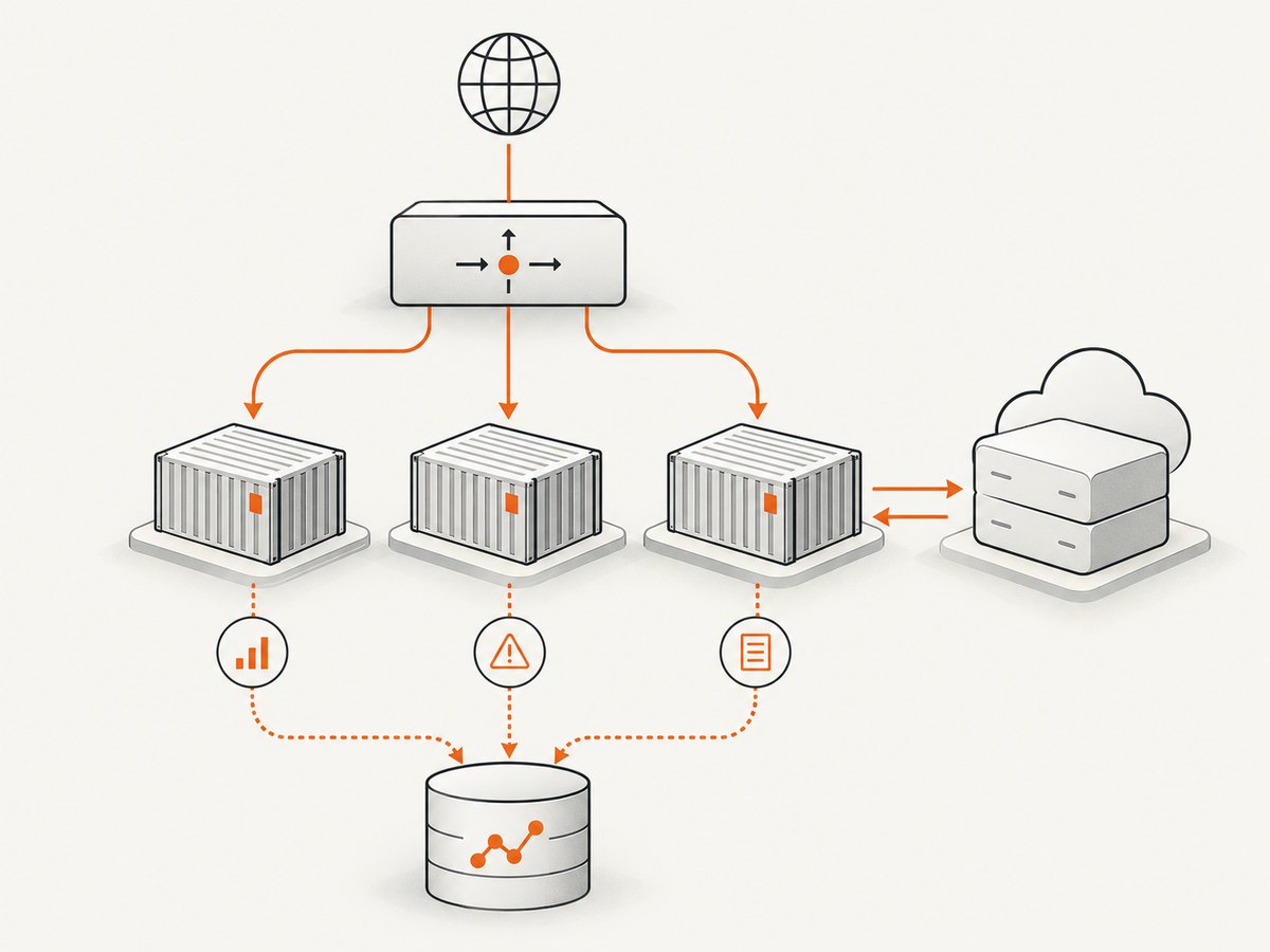 Stateless workers, a load balancer, and shared metrics support horizontal scaling.