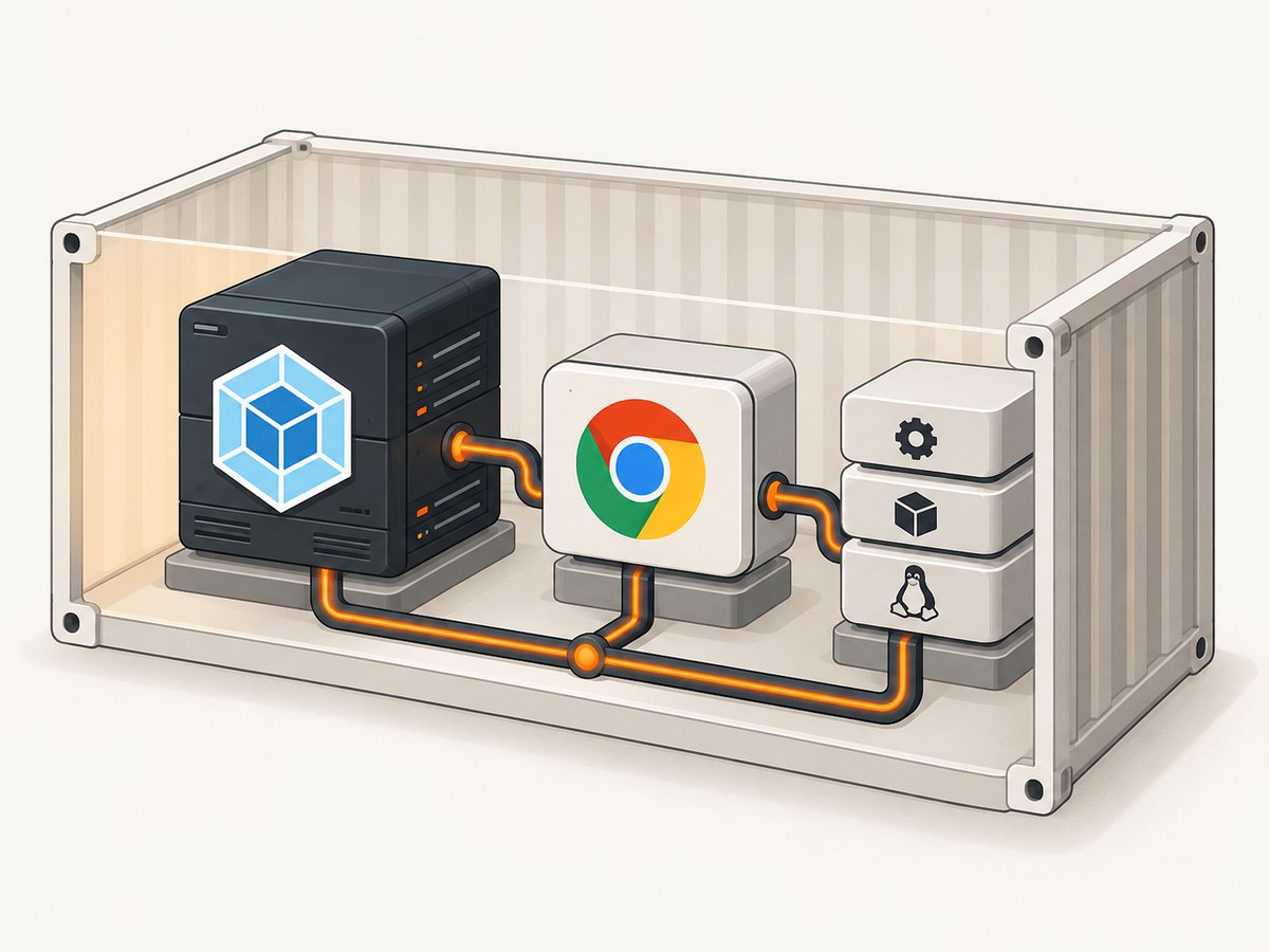 A production Puppeteer deployment has a JavaScript bundle, browser binary, and operating-system libraries.