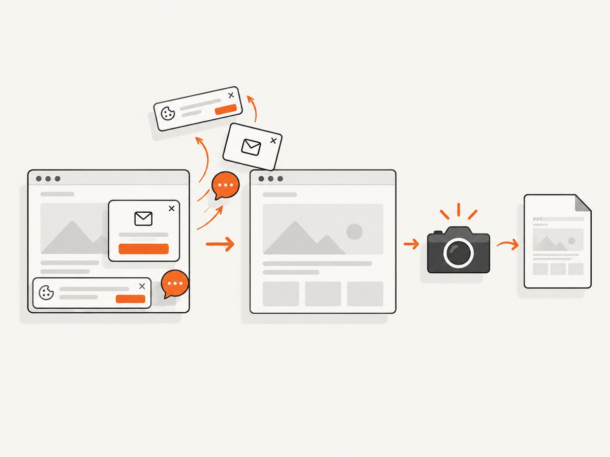 A clean capture pipeline removes common overlays before rendering the page.
