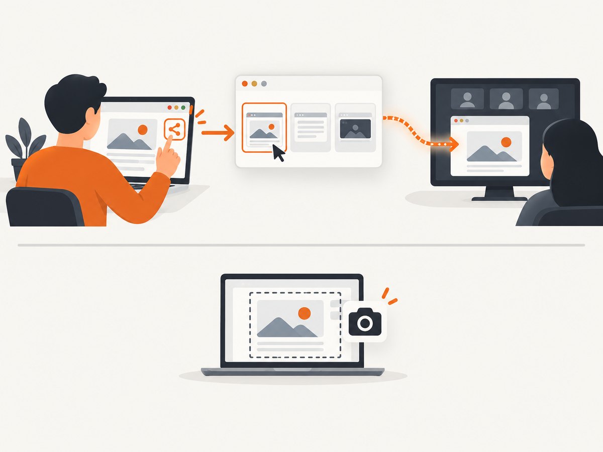 Browser screen sharing starts with a user-selected surface and creates a live stream; it is separate from an operating system screenshot.
