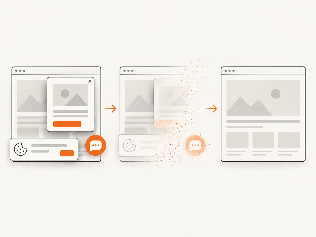 A clean capture removes consent banners, popups, and chat widgets before the image is produced.
