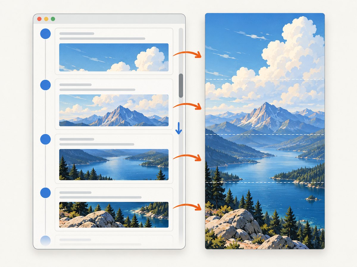 Scroll the full intended range so lazy-loaded tweets and media render before stitching the screenshot.