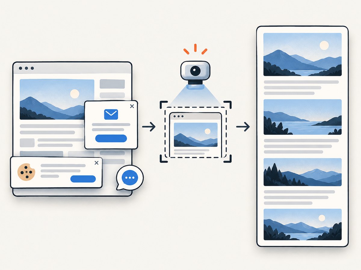 A capture service can remove consent banners, popups, and chat widgets before producing the final image.
