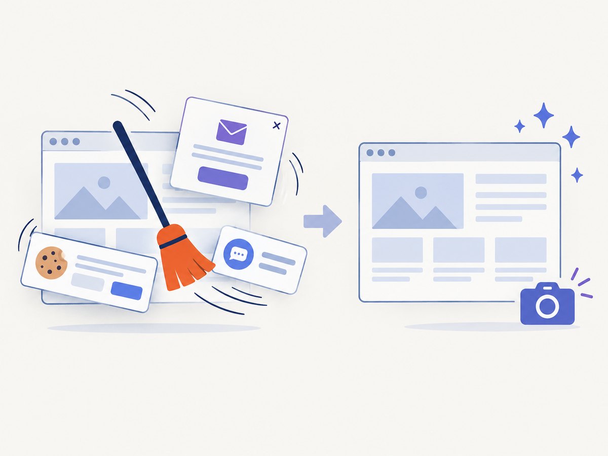 Consent banners, popups and chat widgets can be cleared before an automated capture.