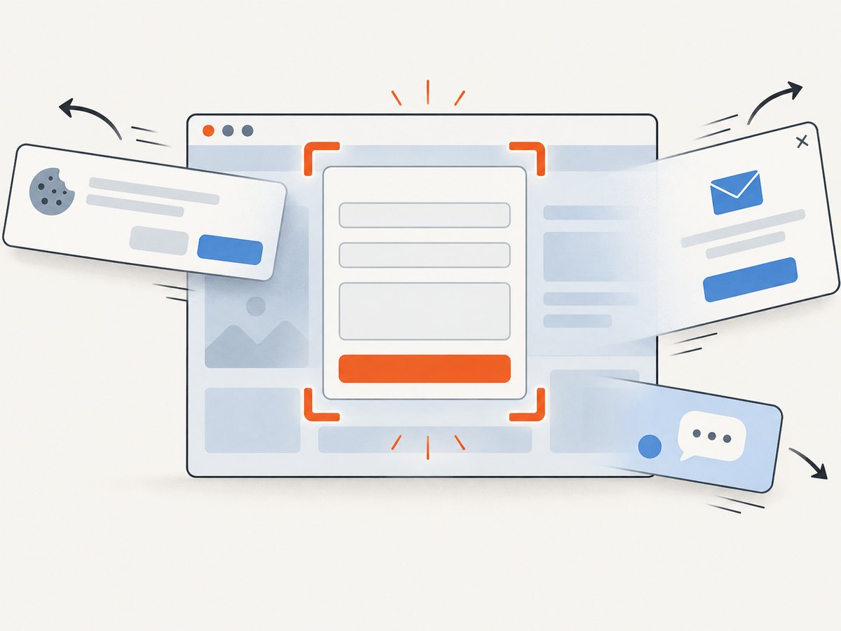 Overlay cleanup keeps consent dialogs, popups, and chat widgets out of the final shot.