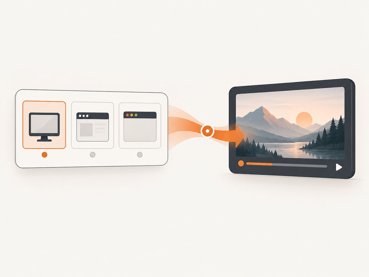 The desktop capture flow starts with a user-selected source and produces a one-use media stream.
