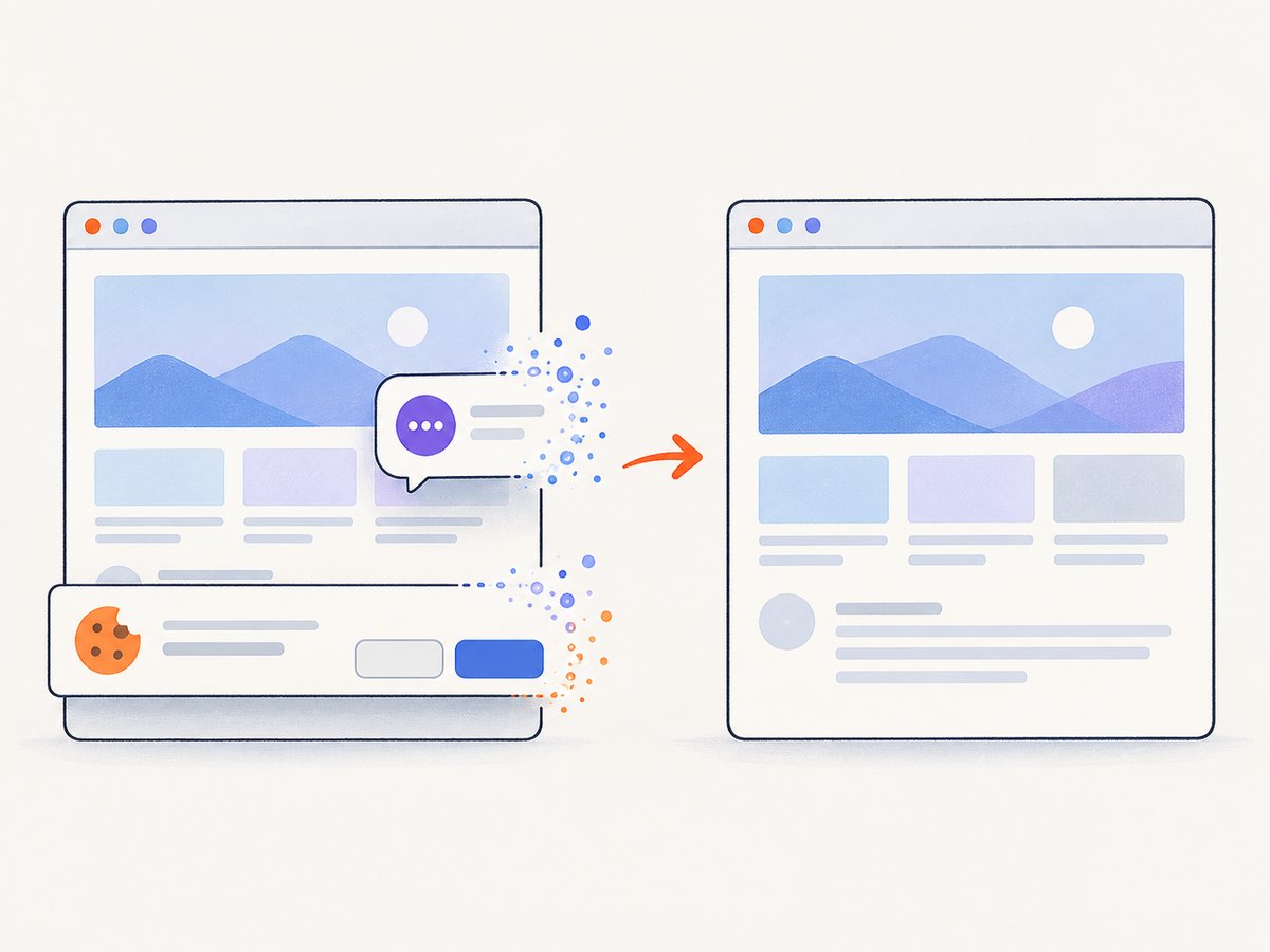 Consent banners, newsletter popups, and chat widgets can be removed before a hosted capture.