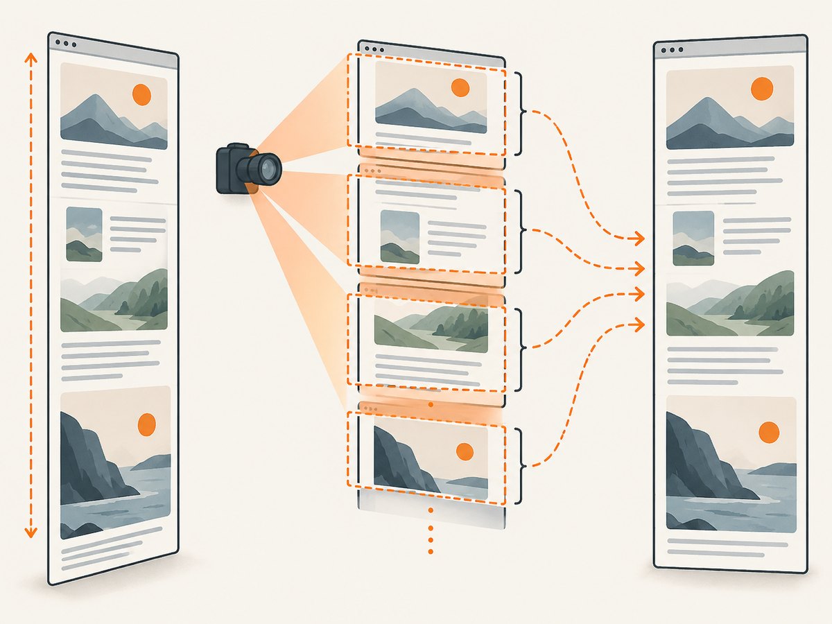 Cypress scrolls through the page and stitches multiple viewport captures into a full-page image.