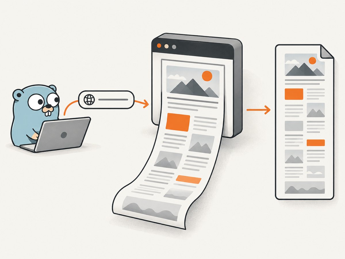 A Go automation program navigates, waits for rendering, and captures the complete scrollable document.