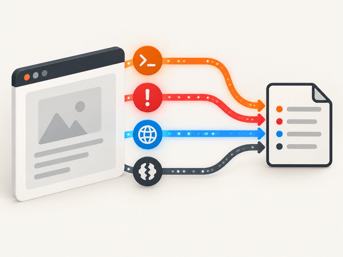 Separate browser signals so console output, uncaught exceptions, failed requests, and crashes remain diagnosable.