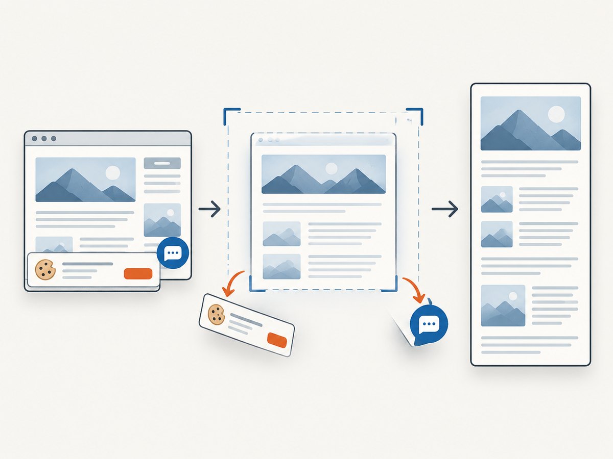 Automated capture can remove common overlays before saving the page.