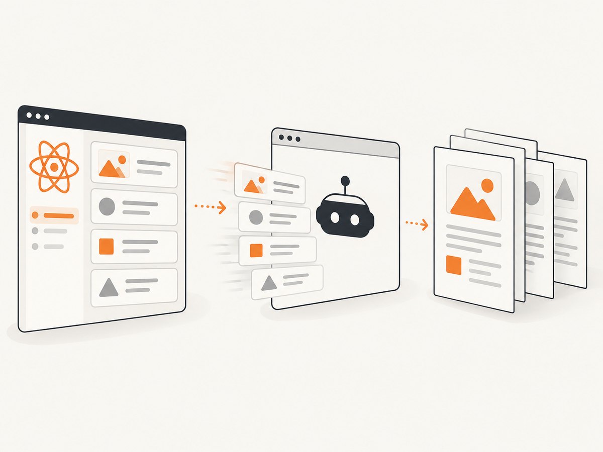 A React view is rendered first, then the browser print pipeline creates the PDF.