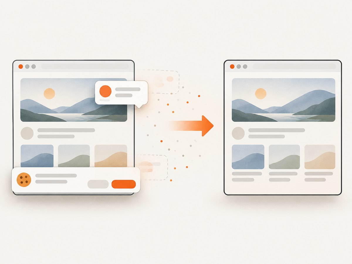 Automated capture can remove consent overlays and other page clutter before saving the image.