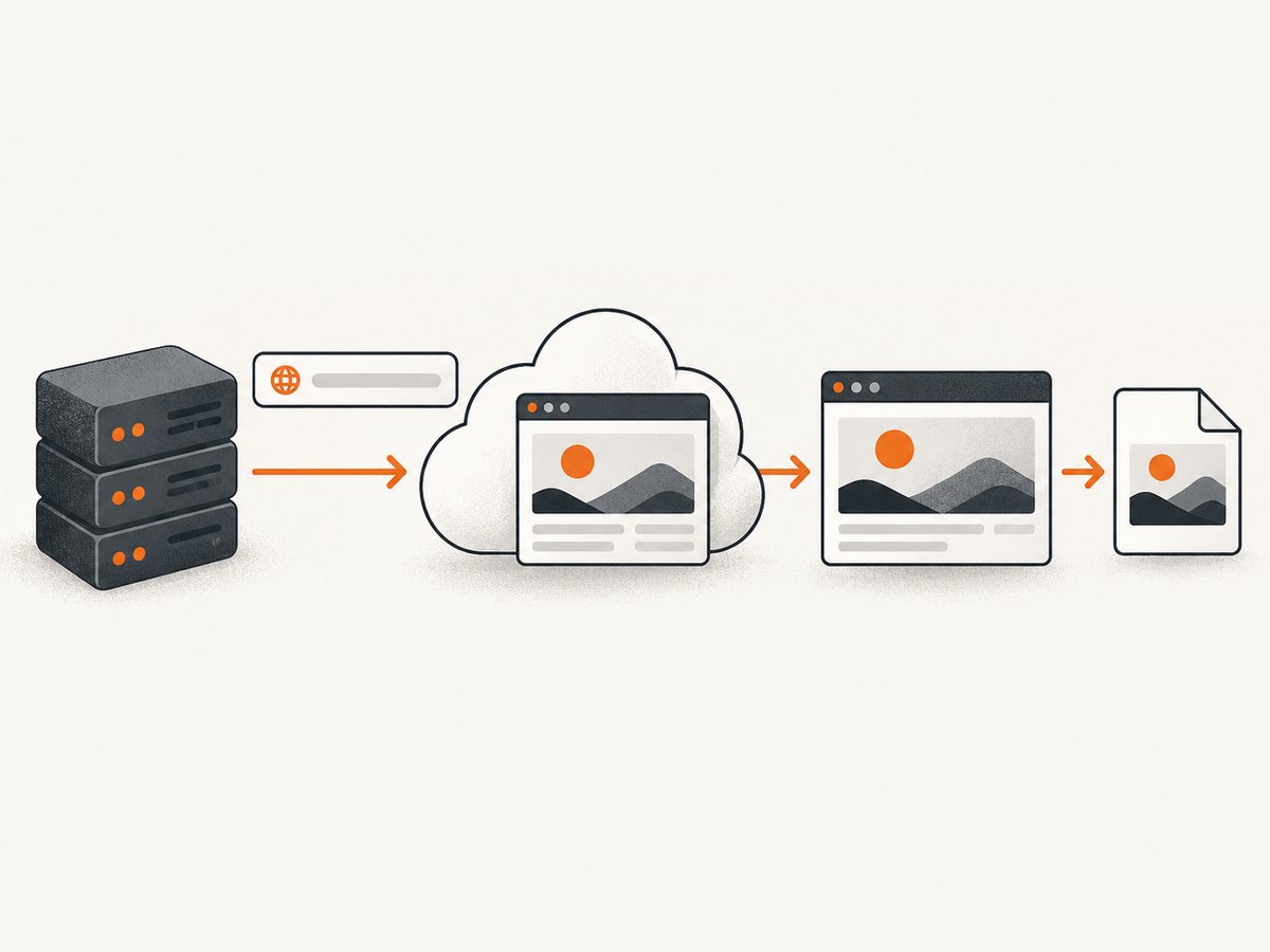 A server sends capture settings and a target URL, then receives rendered image bytes.