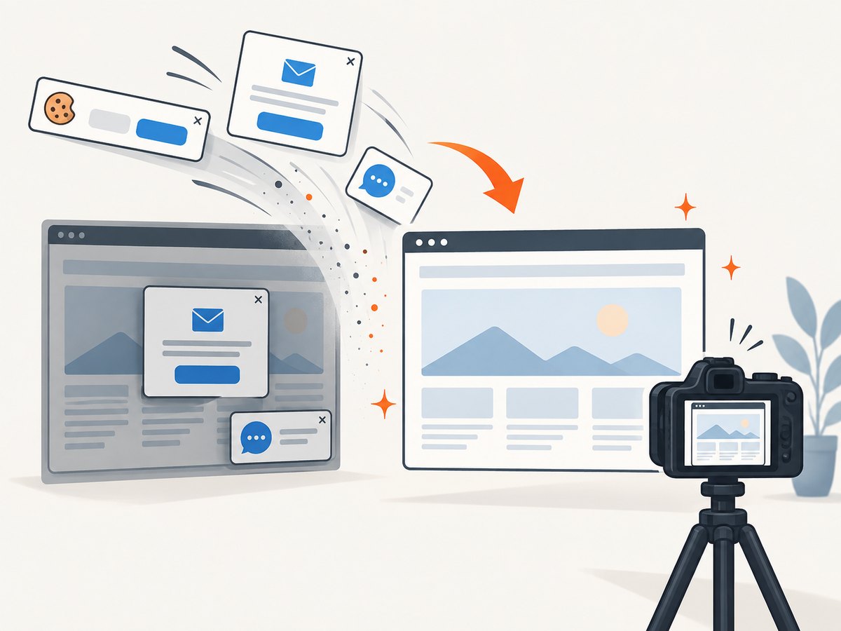 Cleanup steps can remove common overlays before an authorized page is captured.