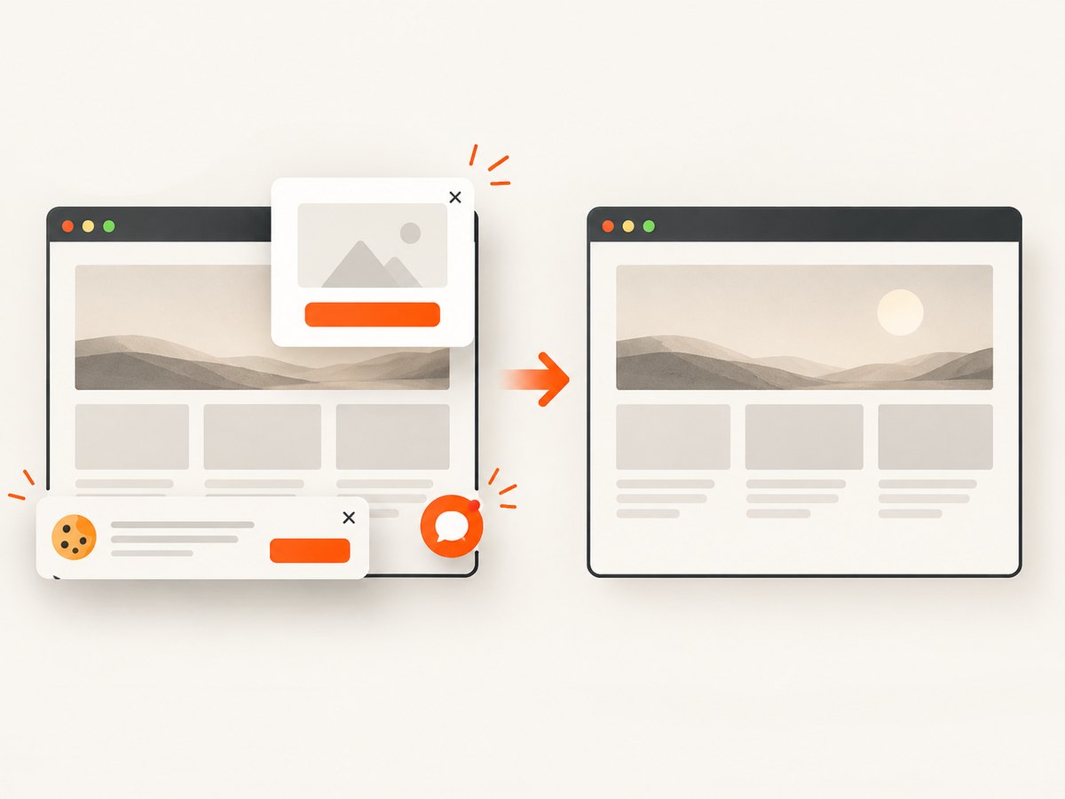 Automated capture can remove common consent banners, popups, and chat widgets before rendering.