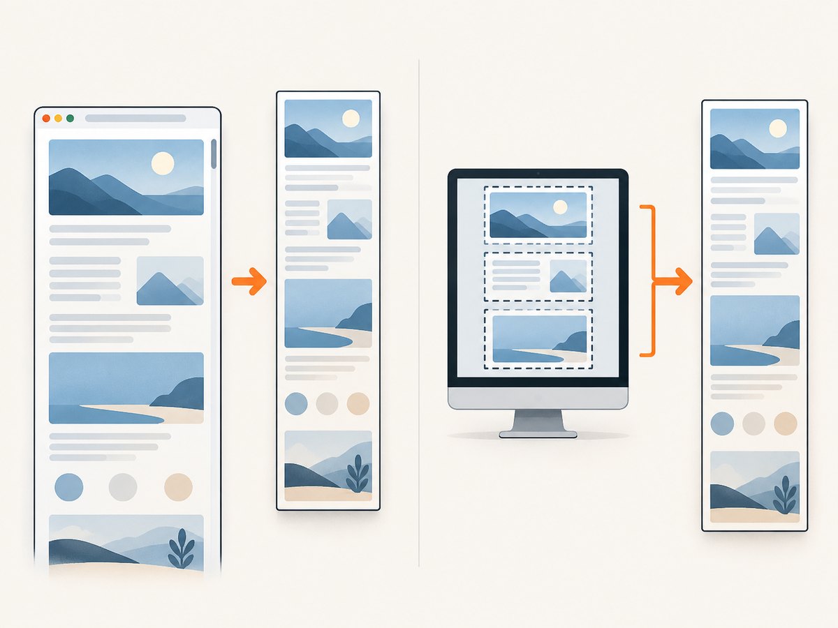 A browser can capture a webpage as one page; desktop scrolling tools combine successive screen frames.