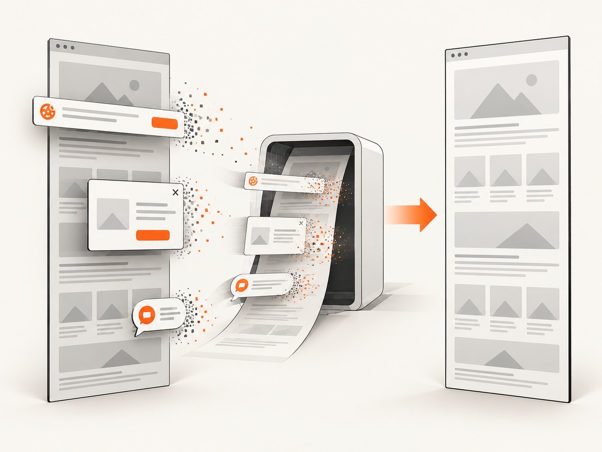 Automated capture can remove common overlays before producing a clean page image.
