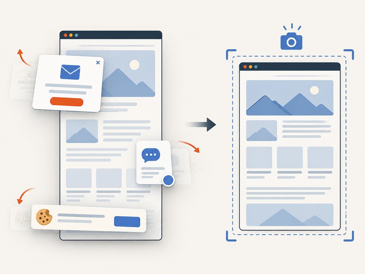 Clean capture workflows can remove common overlays before producing the screenshot.