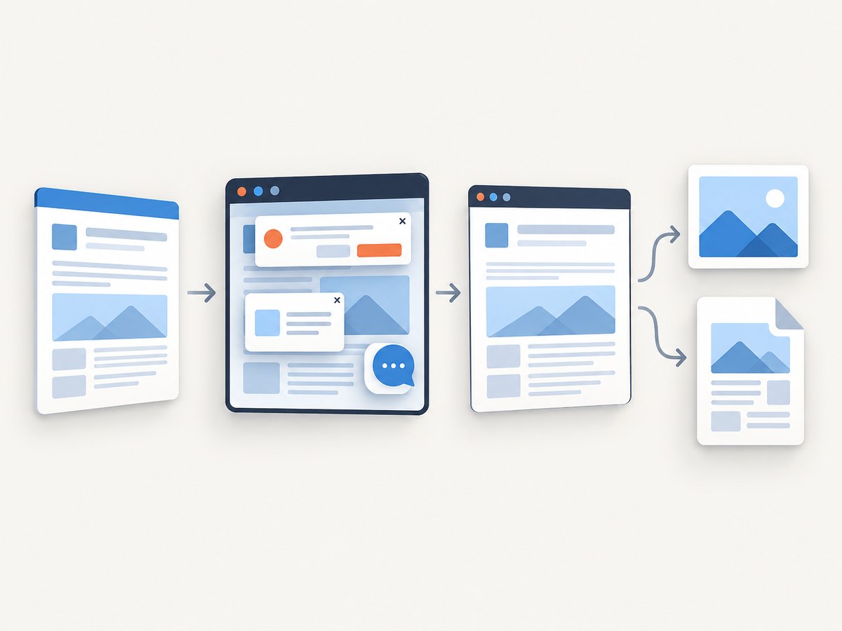 Automated capture can wait for page content and remove common overlays before rendering the final image.