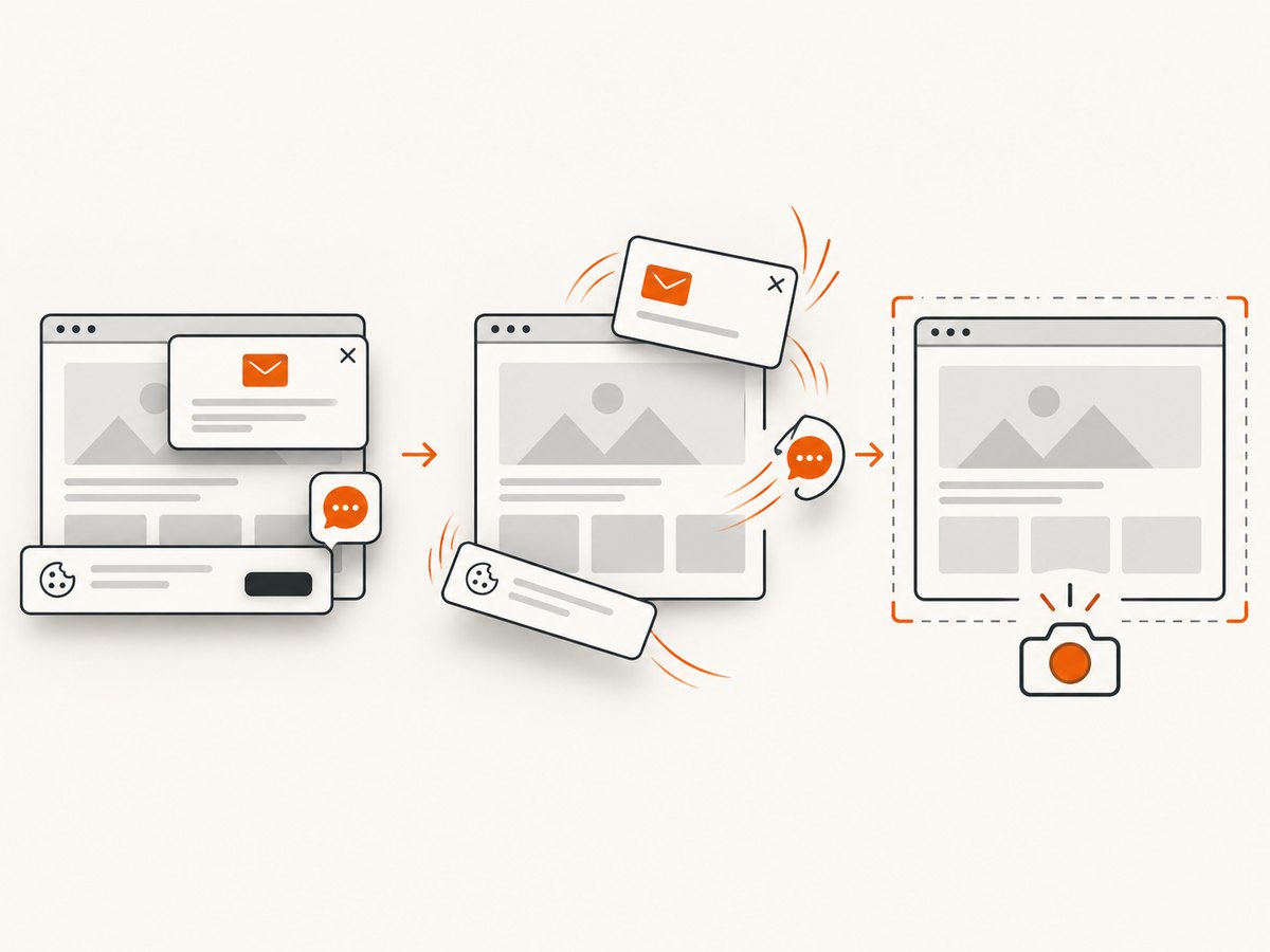 Consent banners, popups, and chat widgets can be removed before a web capture.