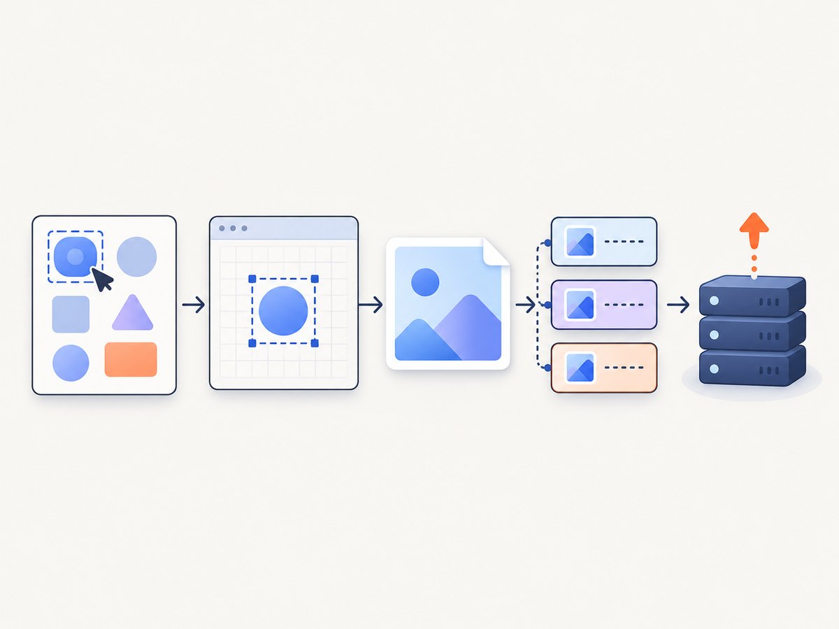 The browser workflow: DOM element, canvas, Blob, FormData, then a server upload.