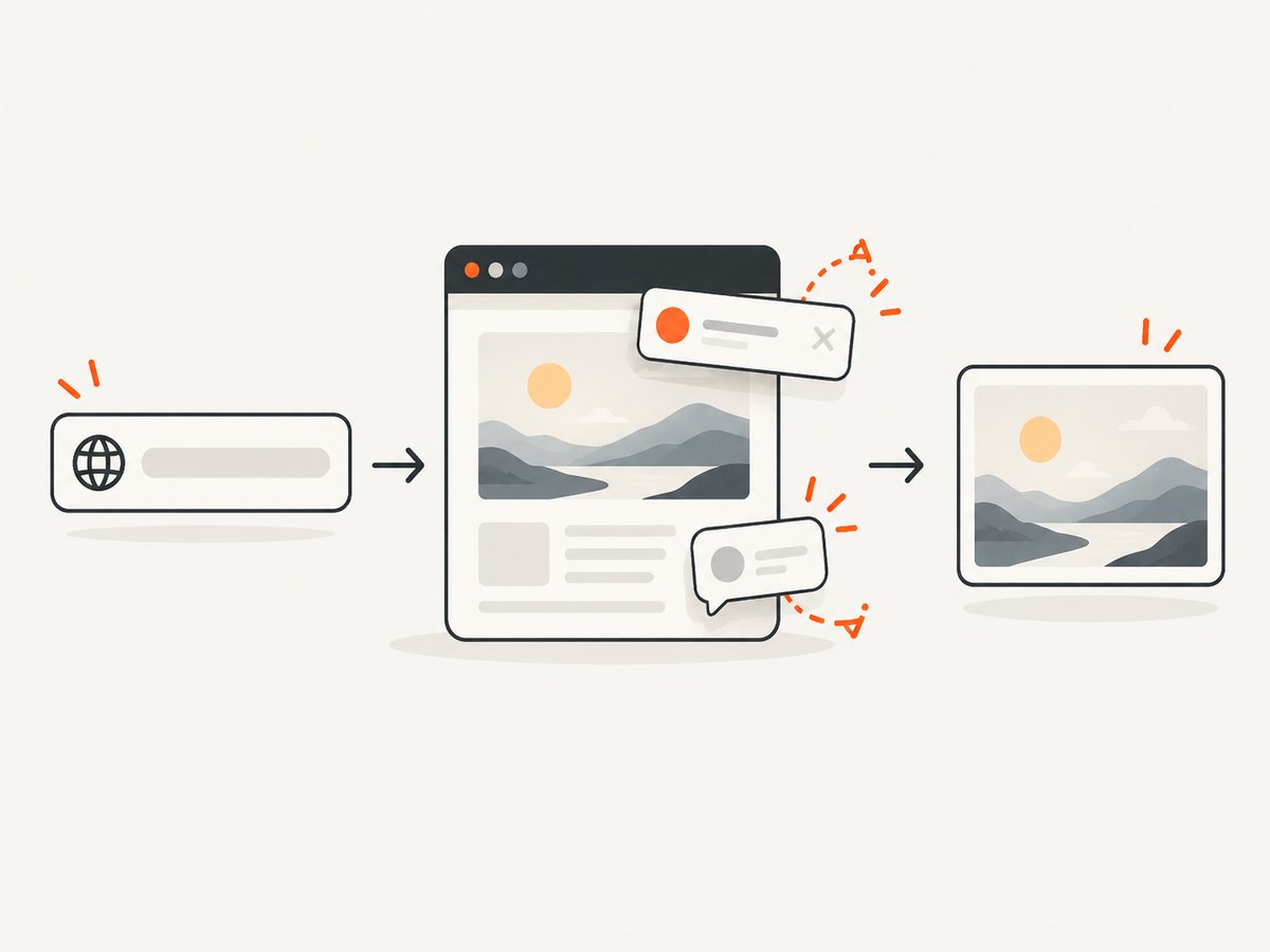 Automated URL capture can wait for content and remove common overlays before producing a clean image.