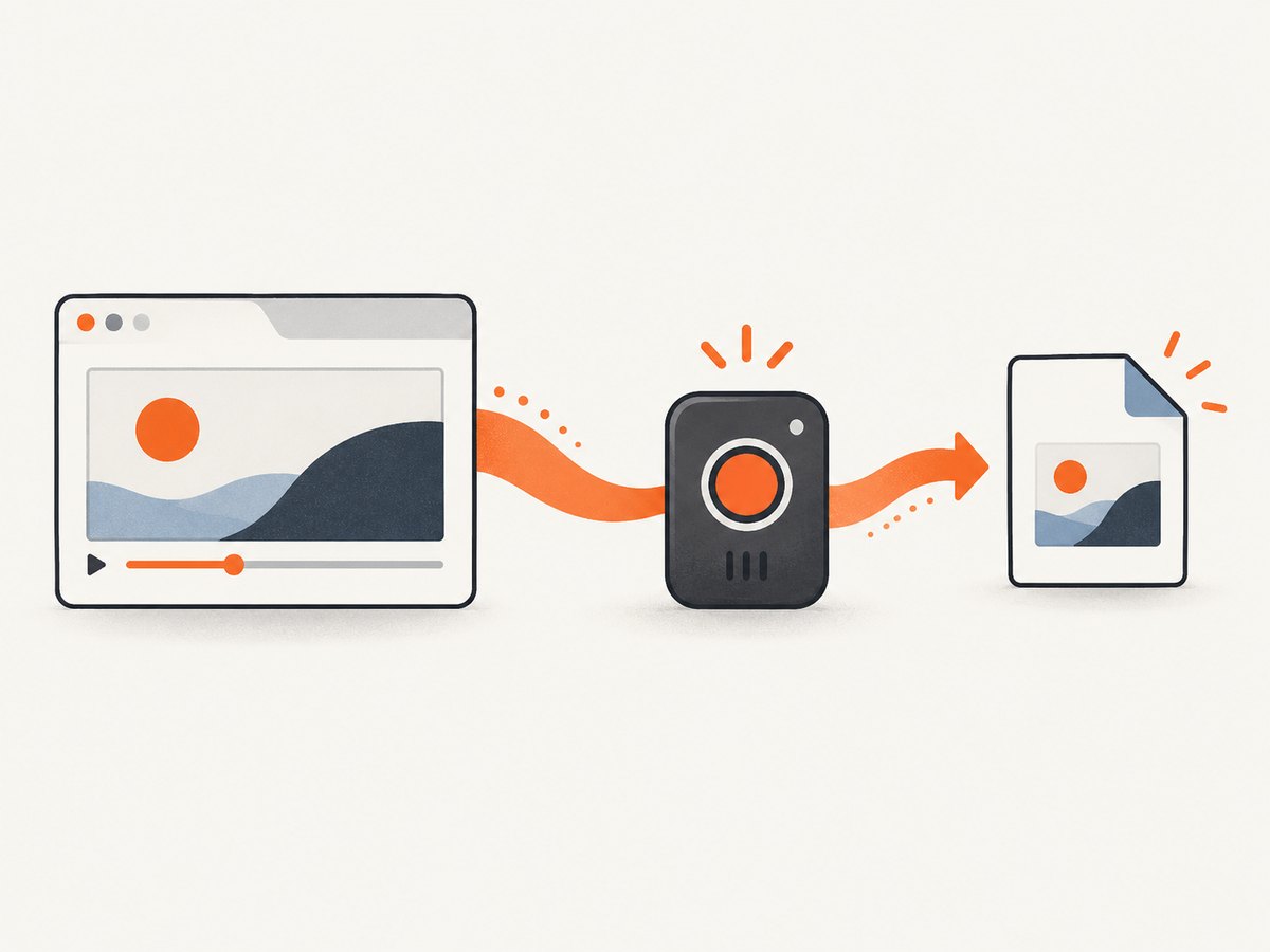 A browser capture pipeline: choose a source, record its media stream, and save the resulting file.