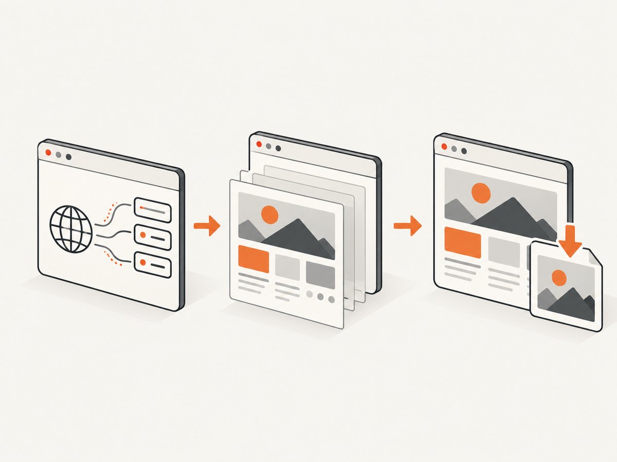 A screenshot workflow moves from page rendering to the chosen capture scope and downloaded image.