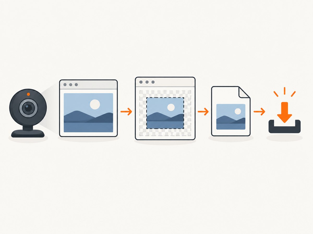 A webcam stream becomes a still image when the current video frame is drawn onto a canvas and encoded.