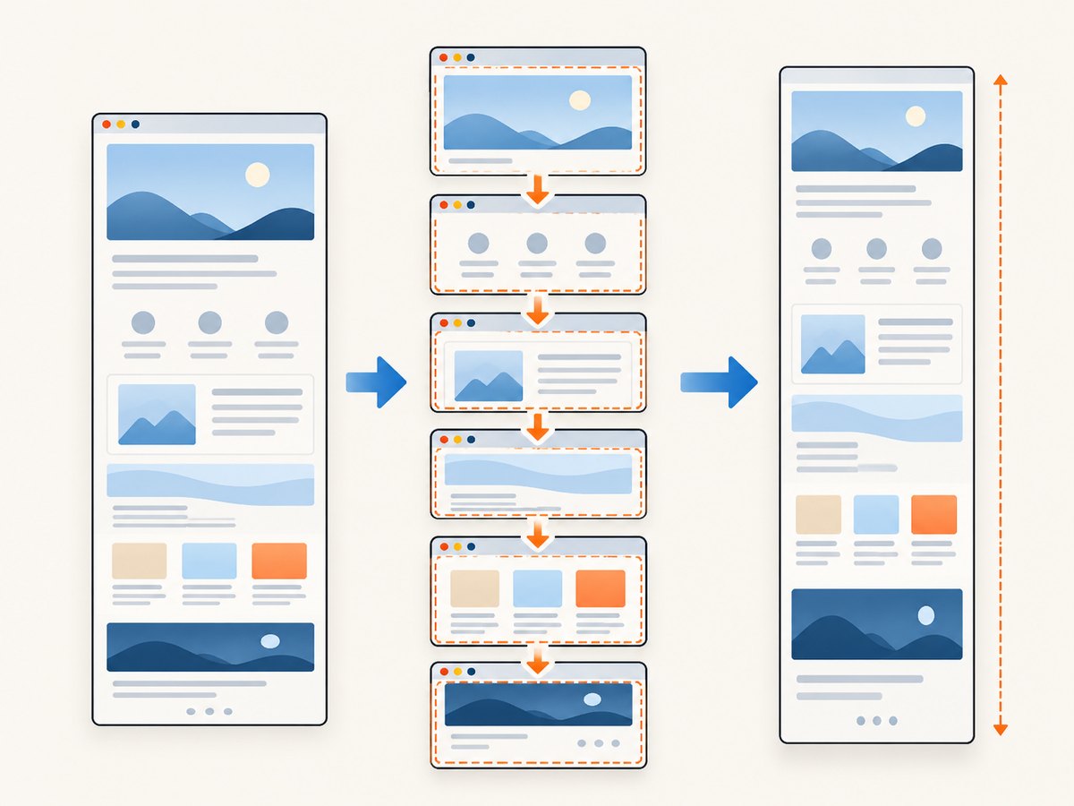 A full-page extension scrolls through viewport sections and stitches them into one image.