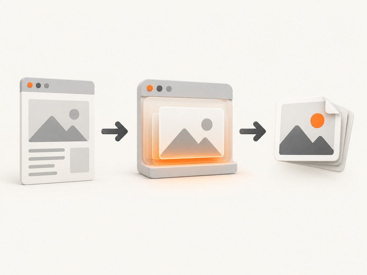 A webpage moves from request to rendered capture and saved image.