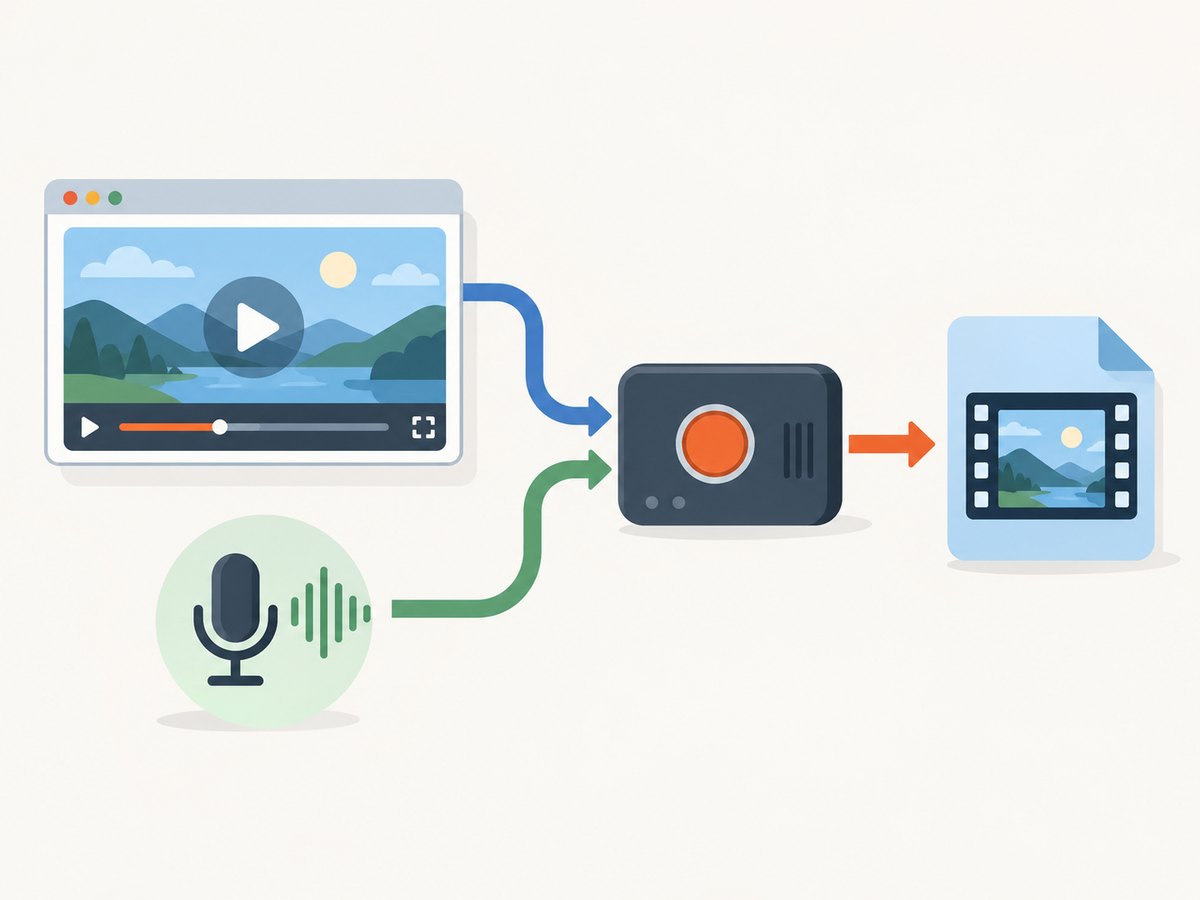 A recorder captures the browser picture and an audio source; verify both with a short test.