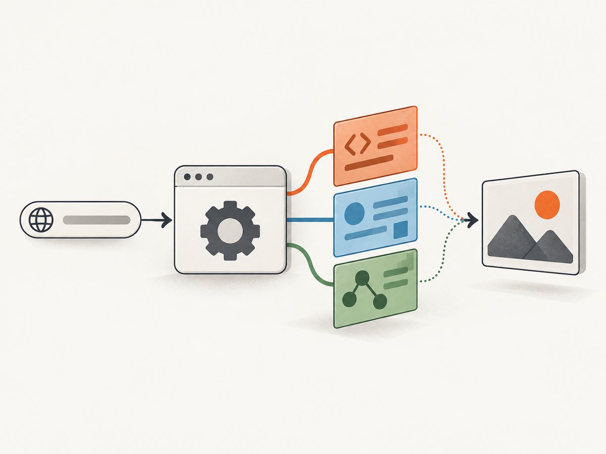 cURL fetches response bytes; a browser renders the page before the screenshot becomes an image.