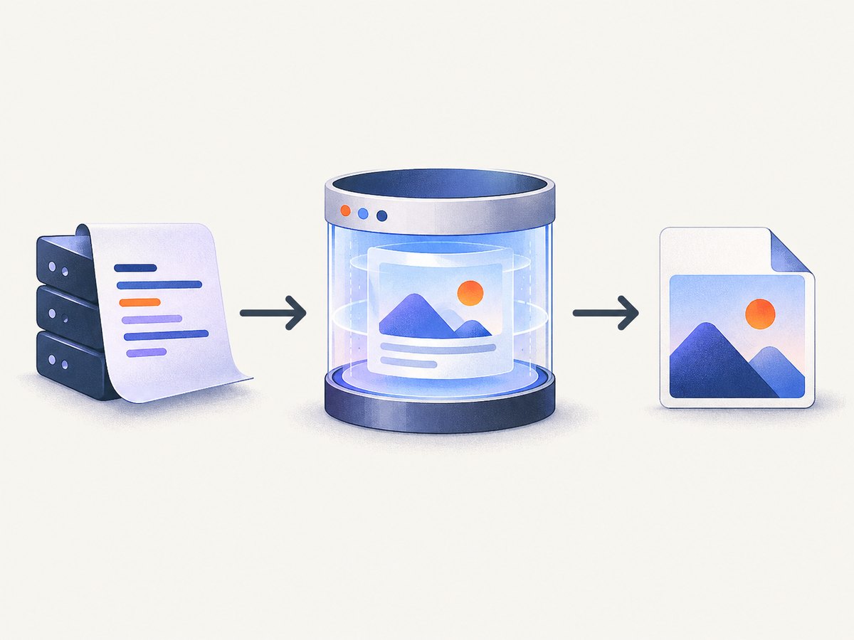 The screenshot pipeline: PHP starts a browser, waits for rendered content, and saves the image.
