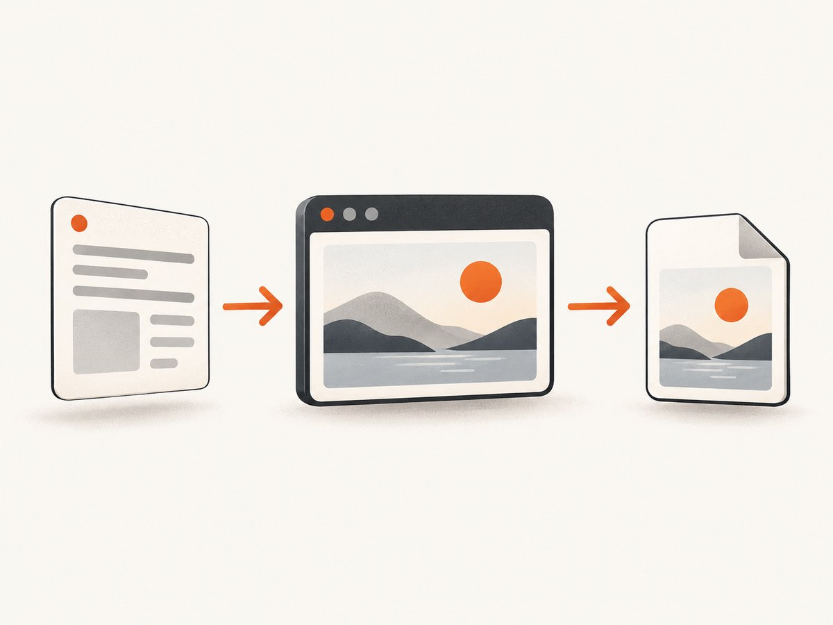 A screenshot workflow moves from a URL to a rendered page and an image file.