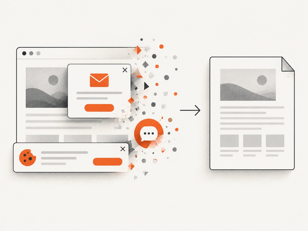 Cleanup before capture removes common overlays that obscure the page.