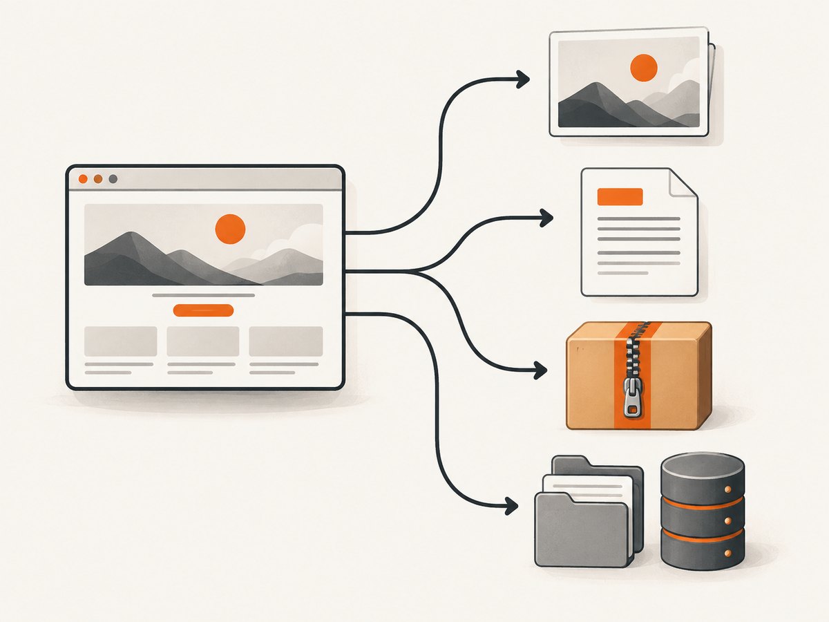 Pick the artifact that matches the job: a screenshot, content export, theme export, or complete backup.