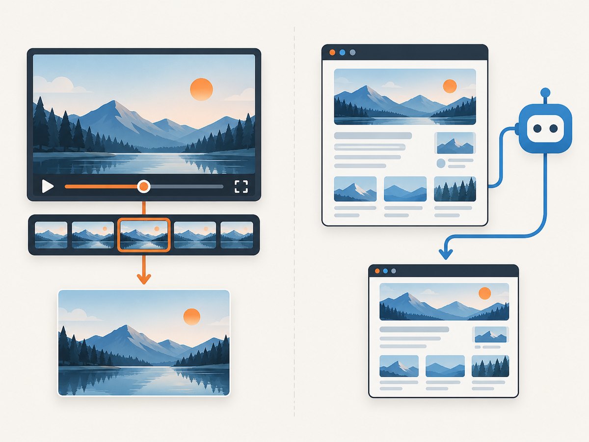 A webpage screenshot API captures a rendered page; manual player controls select a particular video frame.