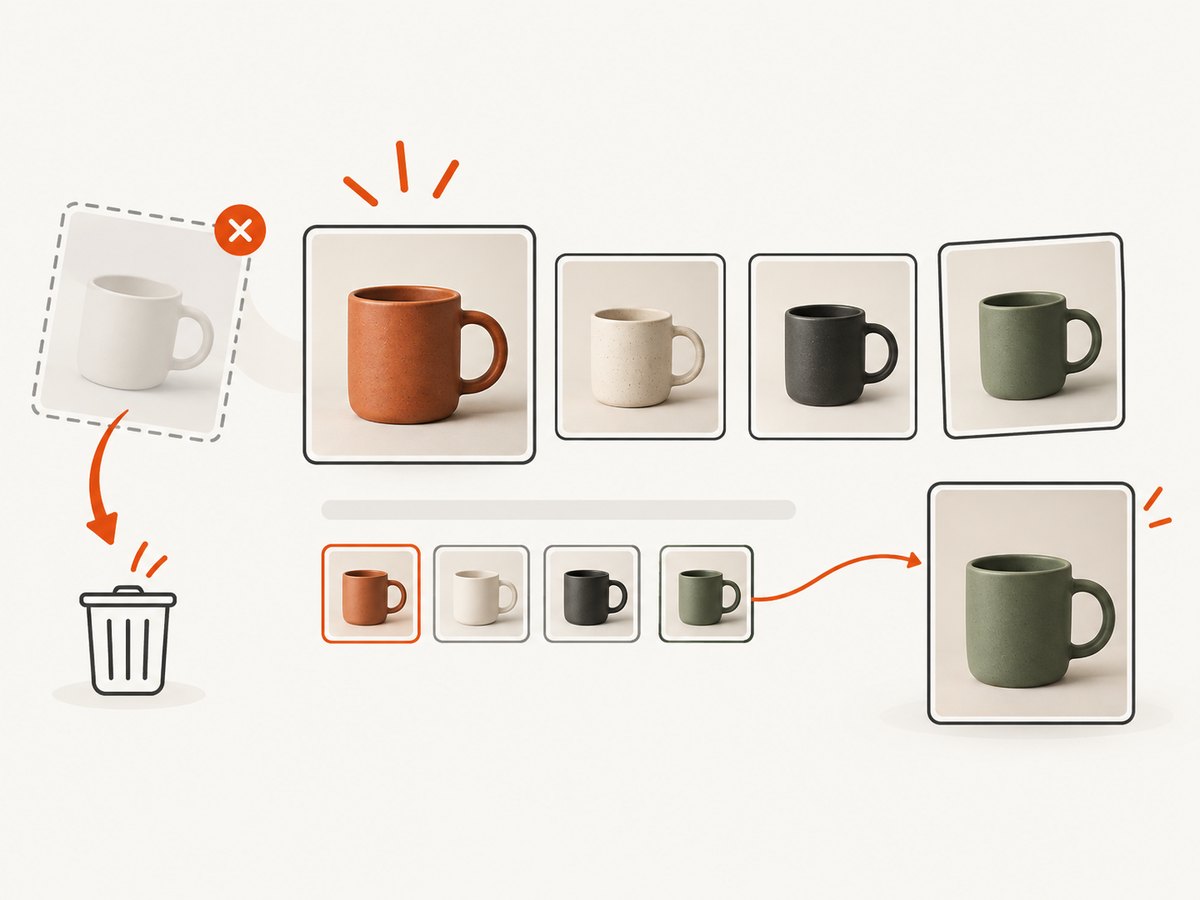 The first media item controls the featured image, while variants can have their own assigned image.